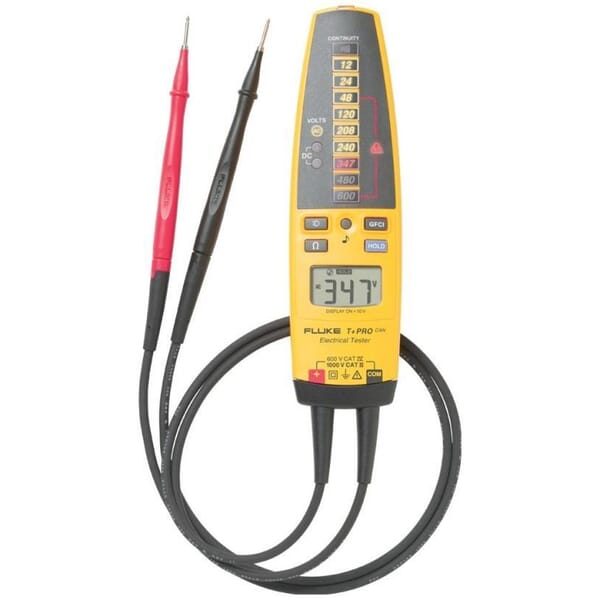 Fluke T+PRO 3-Phase Handheld Electrical Tester, (2) AAA Batteries, <5 mA Input, 6/9/12 mA GFCI Test, 9.99 kOhm Resistance, LED Display