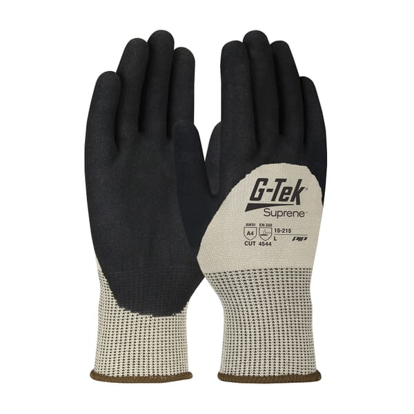 G-Tek 15-215 Cut Resistant Gloves, G-Tek Cut Resistant Gloves, Micro Surface Nitrile Coating, Suprene Engineered Yarn, Knit Wrist Cuff, Resists: Abrasion, Cut, Puncture and Tear, ANSI Cut-Resistance Level: A4