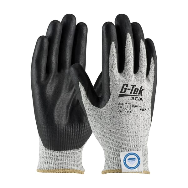 G-Tek 19-D334 3GX Cut Resistant Gloves, G-Tek 3GX Cut Resistant Gloves, Nitrile with Foam Grip Coating, Dyneema Diamond, Continuous Knit Wrist Cuff, Resists: Abrasion, Chemical, Cut, Puncture, Tear, UV and Water, ANSI Cut-Resistance Level: A3
