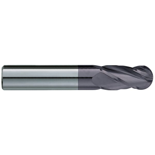 GARR 18017 330MA Ball End Center Cutting Single End Standard Length Ball End Mill, 1/32 in Dia Cutter, 3/32 in Length of Cut, 4 Flutes, 1/8 in Dia Shank, 1-1/2 in OAL, TiALN Coated