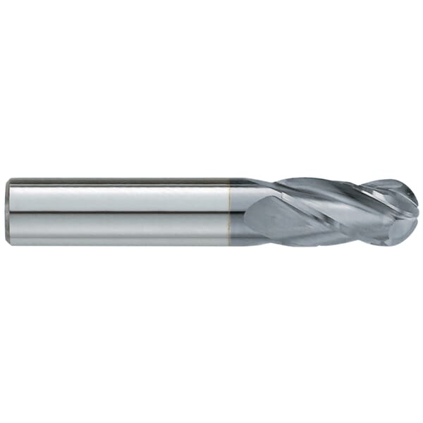GARR 18304 330MC Ball Nose Center Cutting Standard Length End Mill, 31/64 in Dia Cutter, 1 in Length of Cut, 4 Flutes, 1/2 in Dia Shank, 3 in OAL, TiCN Coated