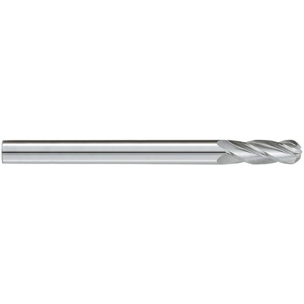GARR 44220 730M Ball Nose Center Cutting Extra Length End Mill, 7/16 in Dia Cutter, 1-1/2 in Length of Cut, 4 Flutes, 7/16 in Dia Shank, 6 in OAL, Uncoated