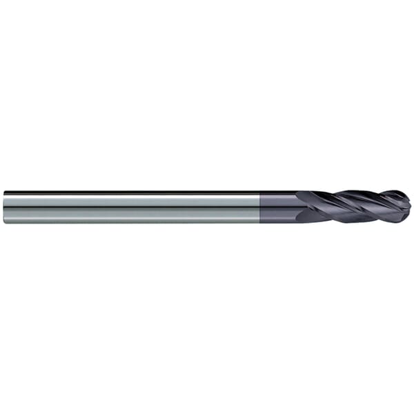 GARR 44267 730MA Ball End Center Cutting Extra Length End Mill, 1/2 in Dia Cutter, 1-1/2 in Length of Cut, 4 Flutes, 1/2 in Dia Shank, 6 in OAL, TiALN Coated