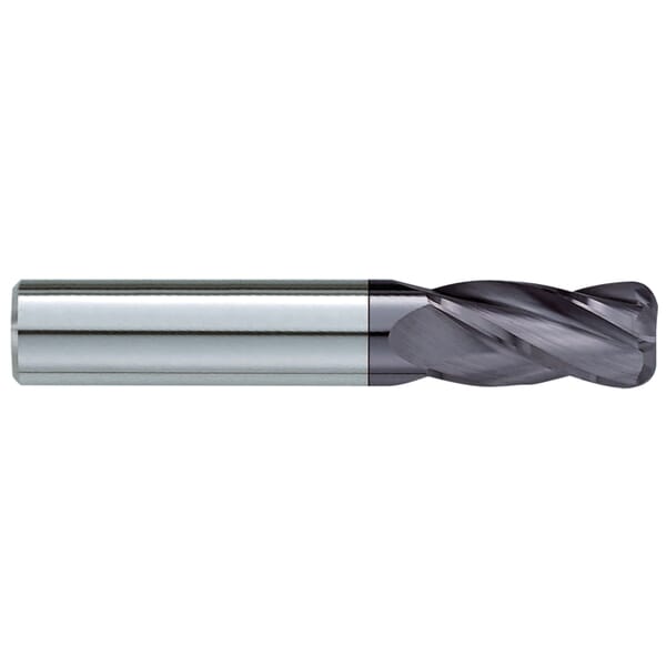GARR 80357 230RA Center Cutting Single End Standard Length End Mill, 1/2 in Dia Cutter, 0.09 in Corner Radius, 1 in Length of Cut, 4 Flutes, 1/2 in Dia Shank, 3 in OAL, TiAlN Coated