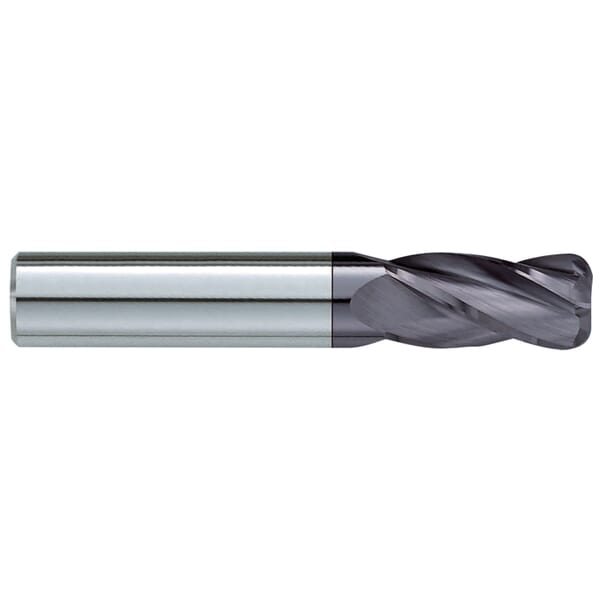 GARR 80607 230RA Center Cutting Single End Standard Length End Mill, 3/32 in Dia Cutter, 0.01 in Corner Radius, 3/8 in Length of Cut, 4 Flutes, 1/8 in Dia Shank, 1-1/2 in OAL, TiAlN Coated