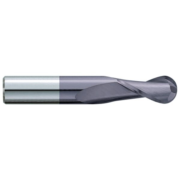 GARR 03017 180MA Ball End Center Cutting Single End Stub Length End Mill, 1/32 in Dia Cutter, 1/16 in Length of Cut, 2 Flutes, 1/8 in Dia Shank, 1-1/2 in OAL, TiALN Coated