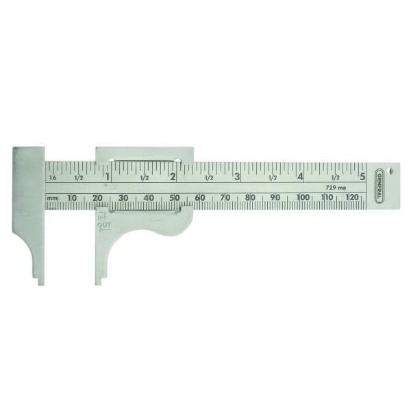 GENERAL 729ME Slide Caliper, 0 to 4 in Measuring, Graduations 1/16th in, 4 in D Jaw, Stainless Steel, Polished