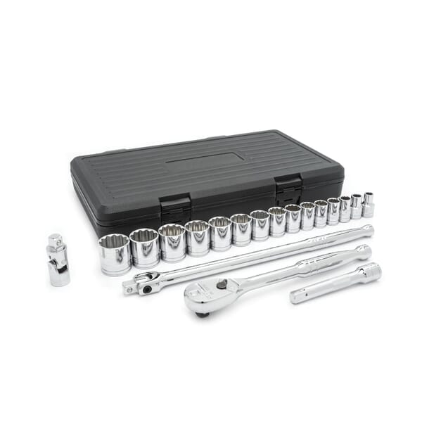 GEARWRENCH 80792 Imperial Standard Mechanics Tool Set, Blow Molded Case Tool Storage, 1/2 in Drive, 12-Point, 19 Pieces, Alloy Steel, ASME Specified
