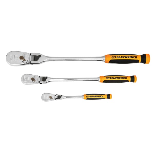 GEARWRENCH 90T 81298T 3-Piece Locking Flexible Head Ratchet Set, 1/4 in, 3/8 in, 1/2 in Drive, Teardrop Head, 3 Pieces, Alloy Steel, Polished Chrome
