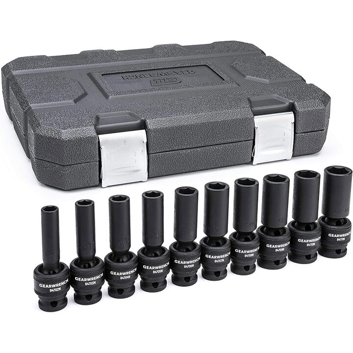 GEARWRENCH 84945N Impact Socket Set, 6 Points, 1/2 in Drive, 10 Pieces, Included Socket Size: 10 to 19 mm, Blow Molded Case Container