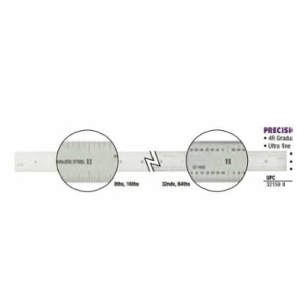 GENERAL CF1276 Industrial Rigid Precision Rule, Imperial Measuring System, Graduations 4R - Every 8th, 16th, 32nd and 64th of an Inch, 12 in L, Stainless Steel