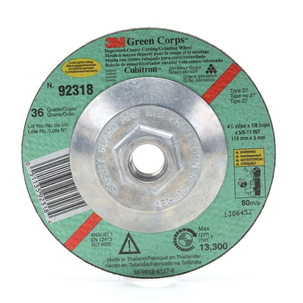Green Corps 7000118488 Grinding Wheel, 4-1/2 in Dia Wheel x 1/8 in THK Wheel, 7/8 in Center Hole, 36 Grit, Ceramic Abrasive