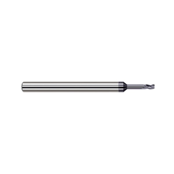 Harvey Tool 64420-C6 Center Cut Imperial Long Reach Stub Flute Variable Helix Corner Radius End Mill, 0.02 in Dia Cutter, 0.004 in Corner Radius, 0.03 in Length of Cut, 3 Flutes, 1/8 in Dia Shank, 2-1/2 in OAL, AlTiN Nano Coated