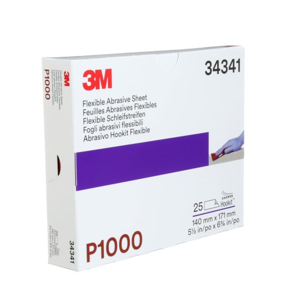 Hookit 7100010569 Flexible Abrasive Sheet, 6.8 in L x 5-1/2 in W, P1000 Grit, Fine Grade, Aluminum Oxide Abrasive, Film Backing