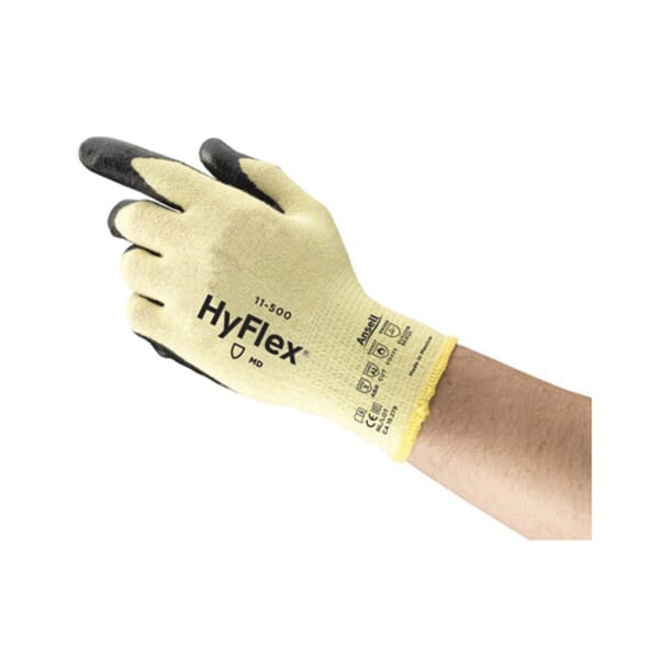 HyFlex 11-500 Medium Duty Cut Resistant Gloves, Foam Nitrile Coating, DuPont Kevlar/Lycra/Nylon, Knit Wrist Cuff, Resists: Abrasion, Cut and Puncture, ANSI Cut-Resistance Level: A2, ANSI Puncture-Resistance Level: 3, Ambidextrous Hand
