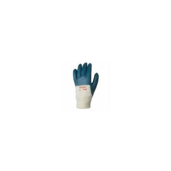 HyLite 47-402 Medium Duty General Purpose Gloves, HyLite Medium Duty General Purpose Gloves, Coated/Multi-Purpose, Nitrile Palm, Cotton, Blue/Off-White, Knit Wrist Cuff, Nitrile Coating, Resists: Abrasion, Cut, Oil, Puncture and Snag, Cotton Interlock Knitining