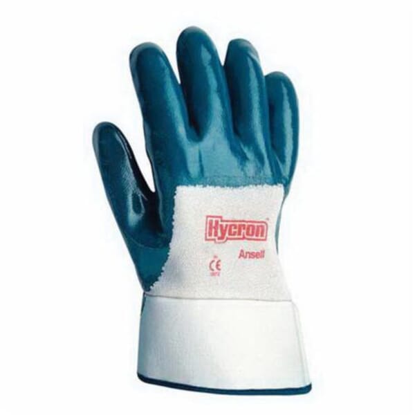Hycron Heavy Duty General Purpose Gloves, Coated, Wing Thumb Style, Nitrile Palm, Nitrile Coated Jersey, Blue/White, Knit Wrist Cuff, Dipped Nitrile Coating, Resists: Abrasion, Cut, Grease, Oil, Puncture and Snag, Cotton Jerseyining