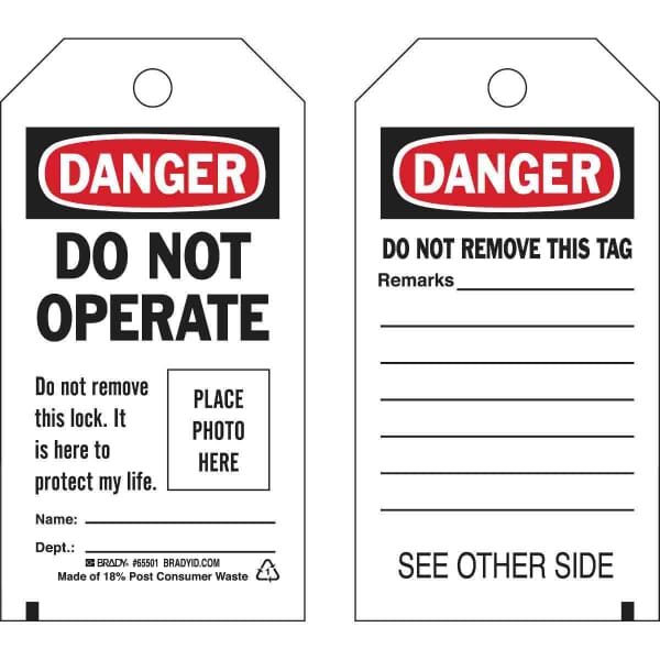 Brady 65501 2-Sided Rectangular Self-Laminating Danger Tag, 5-3/4 in H x 3 in W, Black/Red on White, 3/8 in Hole, B-851 Polyester