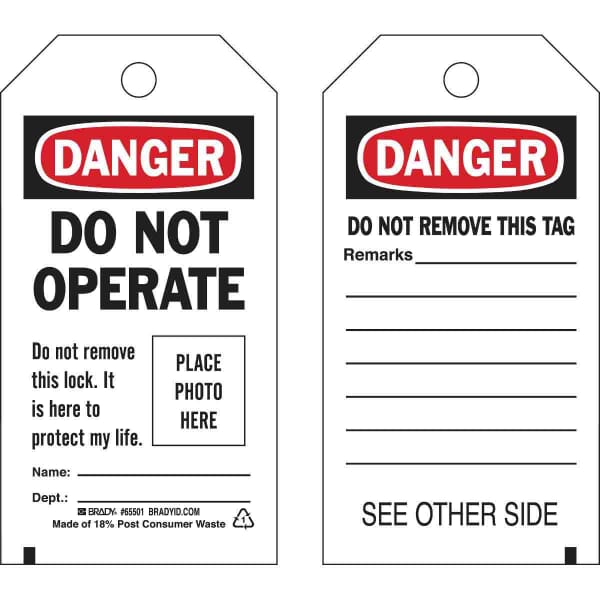 Brady 65501 2-Sided Rectangular Self-Laminating Danger Tag, 5-3/4 in H 3 in W, Black/Red on White, 3/8 in Hole, B-851 Polyester