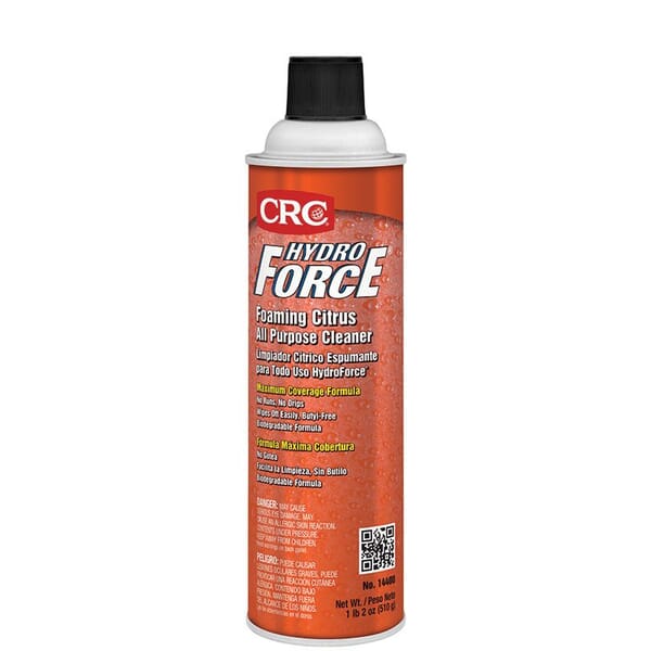 CRC HydroForce 14400 HydroForce All Purpose Foaming Citrus Non-Flammable General Purpose Cleaner, 20 oz Aerosol Can, Citrus Odor/Scent, Amber, Hazy Liquid Form