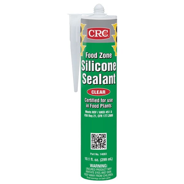 CRC 14083 Curing Food Zone Non-Flammable Silicone Sealant, 10.1 oz Cartridge, Clear, Hydroxyl-Terminated Polydimethylsiloxane, Silica Base