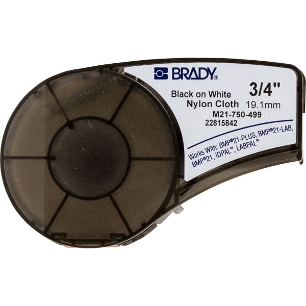 Brady M21-750-499 BMP21 Cartridge Label, 16 ft L x 3/4 in W, Black on White, B-499 Polyamide Coated Nylon Cloth