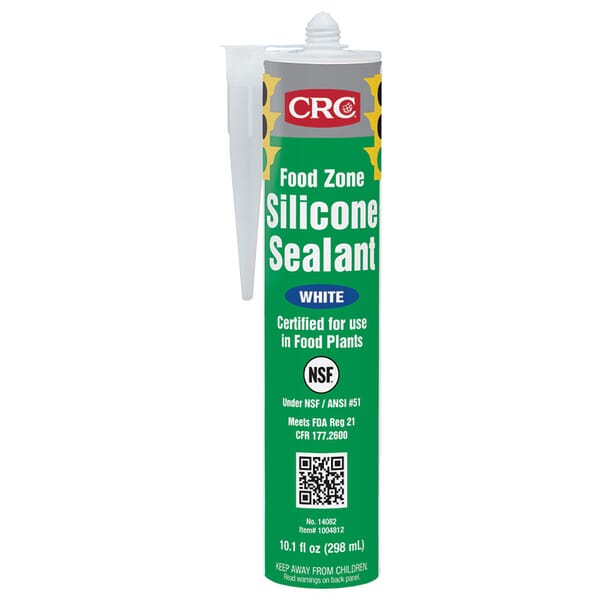 CRC 14082 Curing Food Zone Non-Flammable Silicone Sealant, 10.1 oz Cartridge, White, Hydroxyl-Terminated Polydimethylsiloxane, Silica Base
