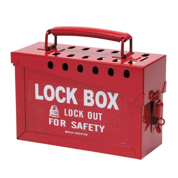 Brady 65699 Empty Group Lockout Box, 13 Padlocks, Hinged Door, Red, 6 in H x 9 in W x 3-1/2 in D, Portable Mount