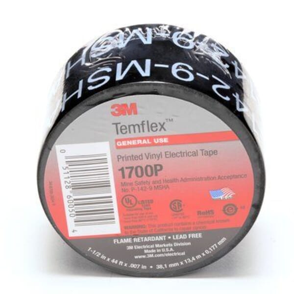 3M 7000133684 Tape, 66 ft L x 1-1/2 in W, 7 mil THK, PVC, Rubber Resin Adhesive, Black