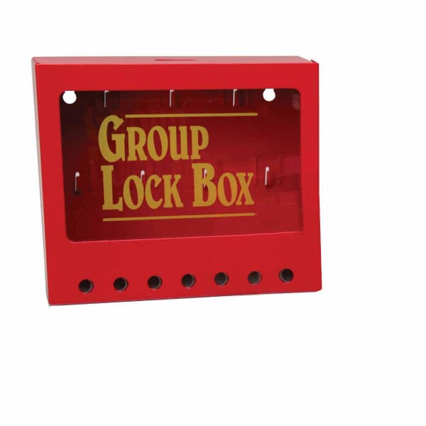 Brady 105714 Empty Group Lockout Box, 7 Padlocks, Sliding Lexan Door, Yellow on Red, 7 in H x 8 in W x 2-1/2 in D, Wall Mount, 7 Key Hooks