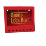 Brady 105714 Empty Group Lockout Box, 7 Padlocks, Sliding Lexan Door, Yellow on Red, 7 in H x 8 in W x 2-1/2 in D, Wall Mount, 7 Key Hooks