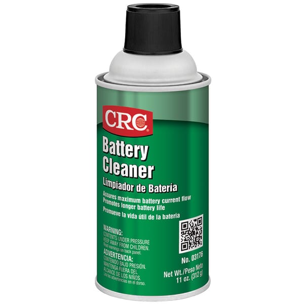 CRC 03176 Non-Flammable Battery Cleaner, 12 oz Aerosol, Liquid Form, 80 to 90% Water, 5 to 10% Liquefied Petroleum Gas, 1 to 3% 2-Butoxyethanol, Clear