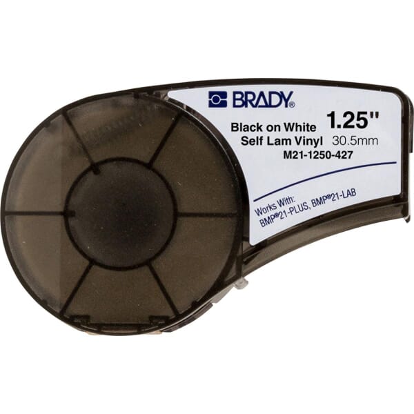 Brady M21-1250-427 BPM21 Self-Laminated Label Cartridge, 14 ft L x 1-1/4 in W, For Use With BMP 21 PLUS Portable Label Printers, B-427 Vinyl, Black on Translucent/White