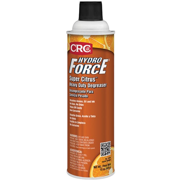 CRC 14440 HydroForce Super Citrus Heavy Duty Non-Flammable Water Based Degreaser, 20 oz Aerosol Can, Emulsion, White, Citrus