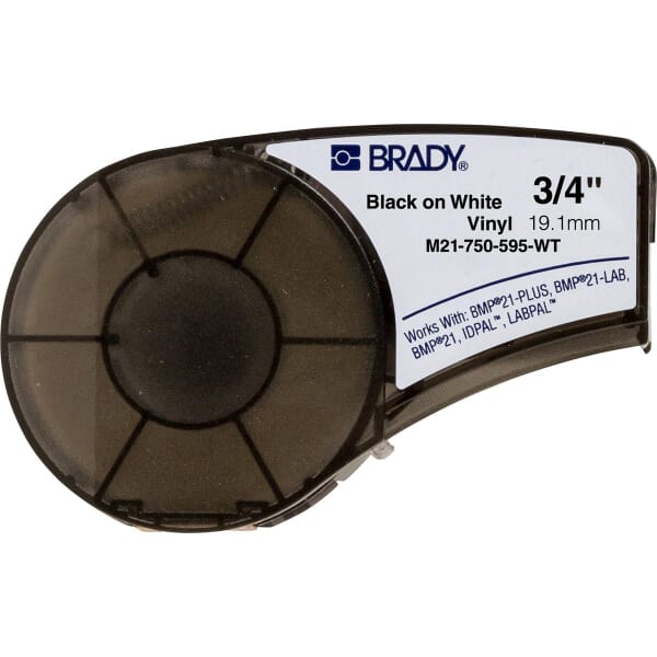 Brady M21-750-595-WT BPM21 Label Cartridge, 21 ft L x 3/4 in W, For Use With BMP 21 PLUS Portable Label Printers, IDPAL and LABPAL Handheld Label Maker, B-595 Vinyl, Black on White