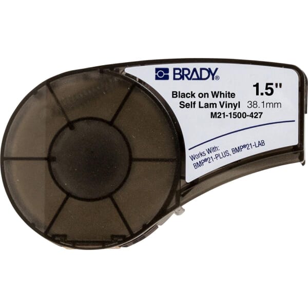 Brady M21-1500-427 BMP21 Self-Laminating Cartridge Label, 14 ft L x 1-1/2 in W, Black on Translucent/White, B-427 Vinyl