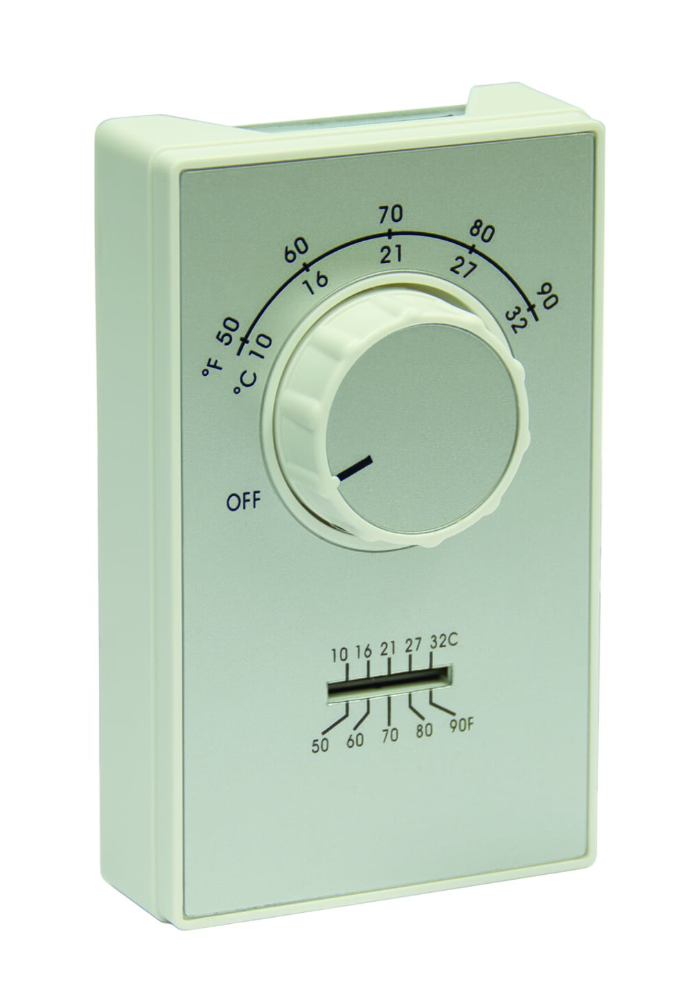 TPI AET9DWTS ET9 Wired Line Voltage Thermostat With Thermometer, 2-Pole Heat Only Thermostat, 50 to 90 deg F Control, 1/2 deg F Heating Anticipator Model Differential, Snap, DPST Switch, Import