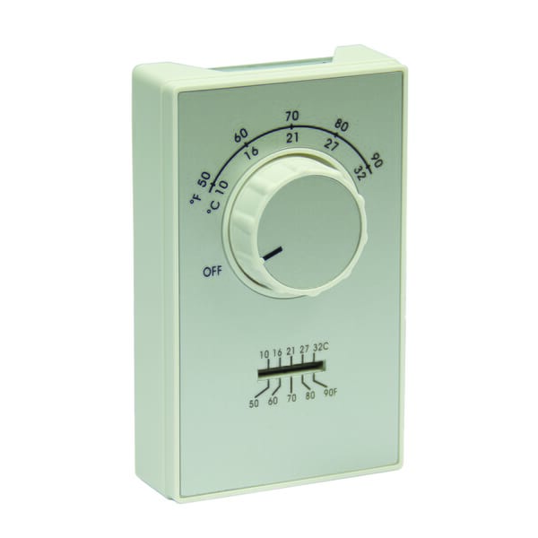 TPI AET9DWTS ET9 Wired Line Voltage Thermostat With Thermometer, 2-Pole Heat Only Thermostat, 50 to 90 deg F Control, 1/2 deg F Heating Anticipator Model Differential, Snap, DPST Switch, Import