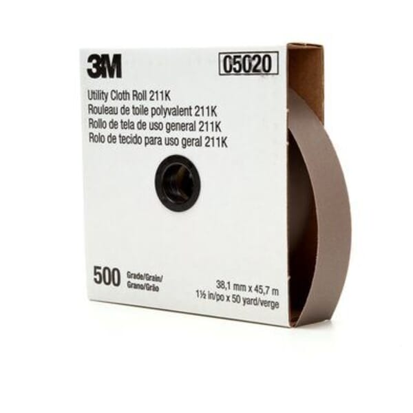 3M 05020-1-1/2"x50yd 211K Lightweight Utility Closed Coated Abrasive Roll, 50 yd L x 1-1/2 in W, 500 Grit, Super Fine Grade, Aluminum Oxide Abrasive, Cloth Backing redirect to product page