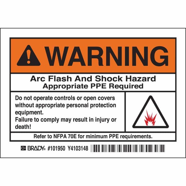 Brady 101950 High Performance Laminated Non-Reflective Rectangular Self-Adhesive Arc Flash Protection Label, 5 in W, Black/Orange on White, B-302 Polyester, 5 per Pack Labels