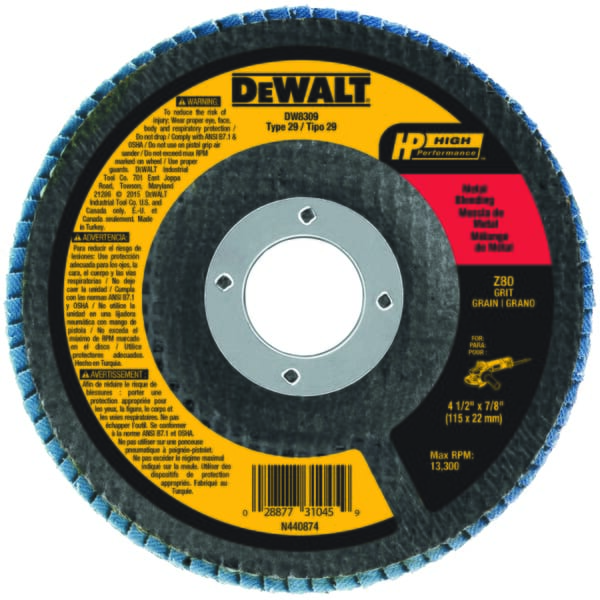DeWALT High Performance DW8309 Contaminant-Free Flap Disc, 4-1/2 in Dia Disc, 7/8 in Center Hole, 80 Grit, Medium Grade, Zirconia Alumina Abrasive, Type 29 Disc