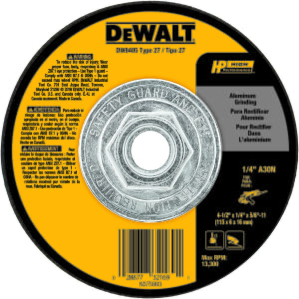 DeWALT High Performance Guaranteed Tough DW8405 Flat Depressed Center Grinding Wheel, 4-1/2 in Dia x 1/4 in THK, 30 Grit, Aluminum Oxide Abrasive