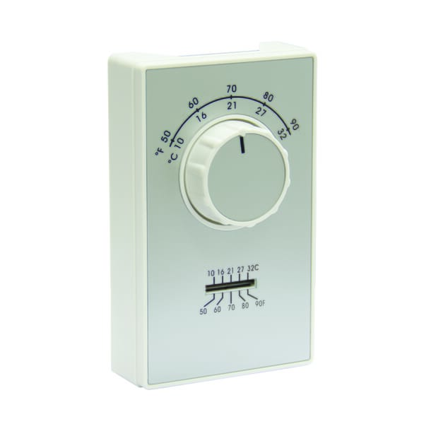 TPI AET9SWTS ET9 Wired Line Voltage Thermostat With Thermometer, 1-Pole Heat Only Thermostat, 50 to 90 deg F Control, 1/2 deg F Heating Anticipator Model Differential, Snap, SPST Switch, Import