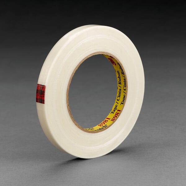 3M 7000123468 Reinforced Tape, 55 m L x 24 mm W, 6.6 mil THK, Fiberglass Yarn Filament, Synthetic Rubber Adhesive, Polypropylene Backing, Clear