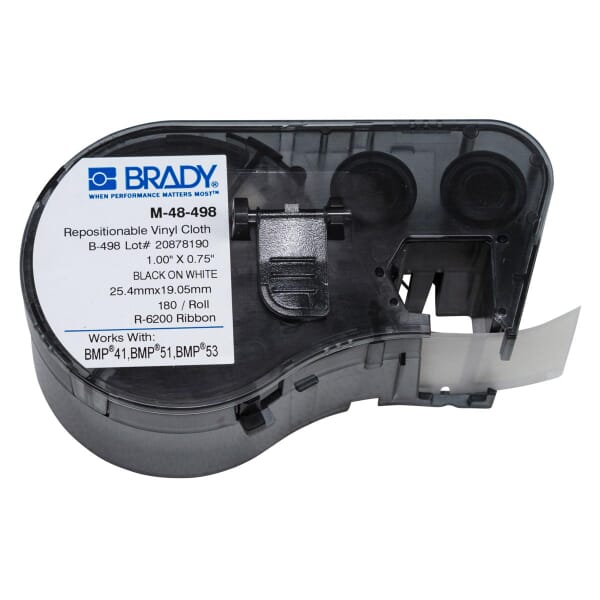 Brady CleanLift M-48-498 M Series Rectangular Label Maker Cartridge, 1 in L x 3/4 in W, For Use With BMP 41, BMP 51 and BMP 53 Label Makers, B-498 Vinyl Coated Fabric, Black on White