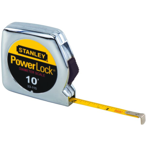 Stanley PowerLock 33-115 Pocket Tape Rule, 10 ft L x 1/4 in W Blade, Steel Blade, Imperial Measuring System, 1/64ths Graduation