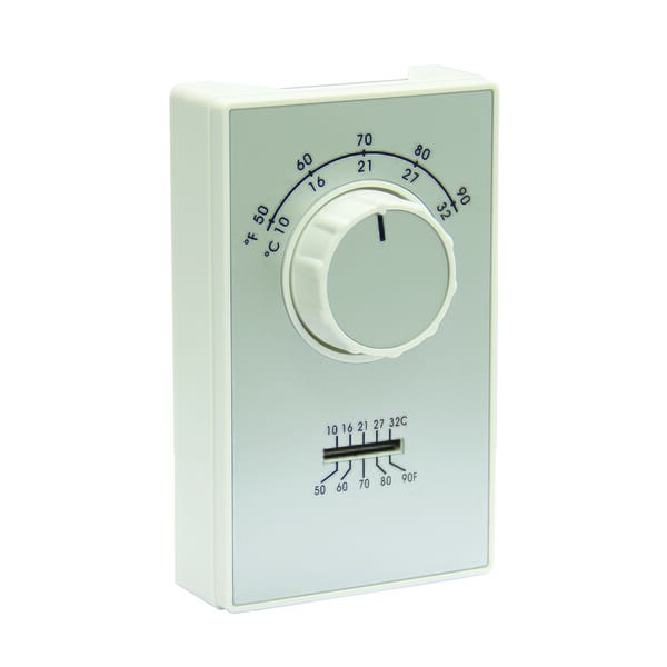 TPI ETD9STS ET9 Line Voltage Thermostat With Thermometer, 1-Pole Heat/Cool Thermostat, 50 to 90 deg F Control, 2 deg F Heat, 4 deg F Cool Differential, Snap, SPDT Switch, Import