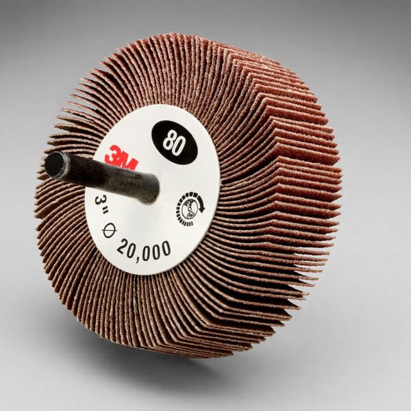 3M 7100178243 Type 83 Mounted Flap Wheel, 3 in Dia Wheel, 1 in W Face, 1/4 in Dia Shank, 80 Grit, Medium Grade, Aluminum Oxide Abrasive
