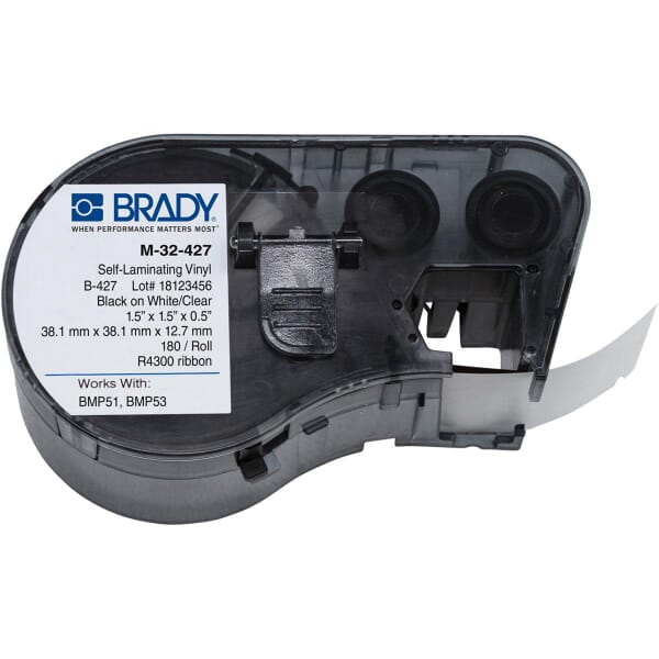 Brady M-32-427 M Series Square Label Marker Cartridge, 1-1/2 in L x 1-1/2 in W, For Use With BMP 51 and BMP 53 Label Maker, B-427 Vinyl, Black on Clear/White