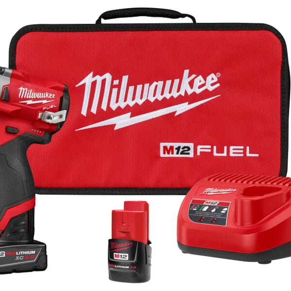 Milwaukee M12 2555-22 Stubby Cordless Impact Wrench Kit, 1/2 in Straight Drive, 3200 bpm, 250 ft-lb Torque, 12 VDC, 4.9 in OAL